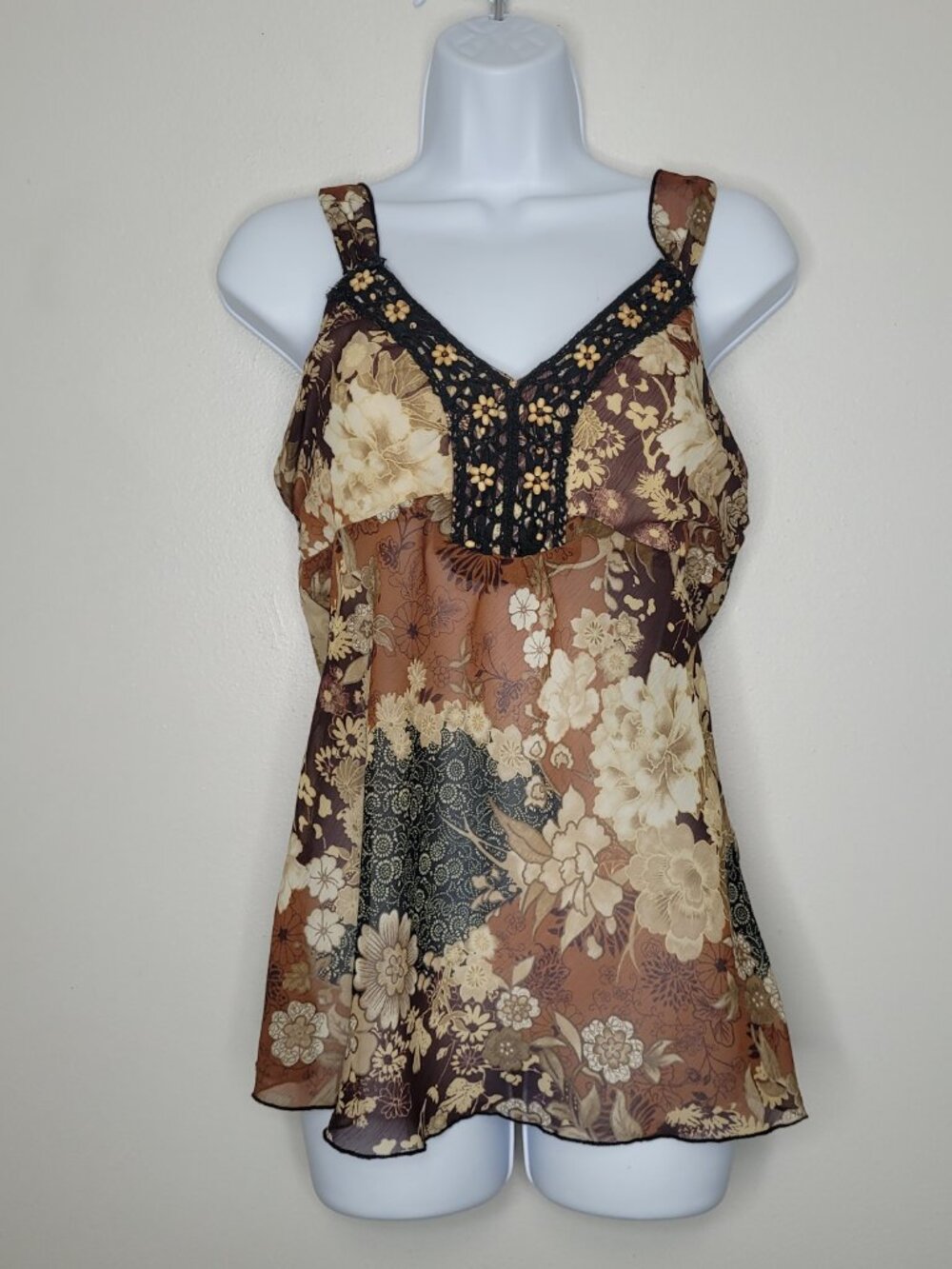 Brown tan black boho floral semi sheer beaded hippie going out top size medium